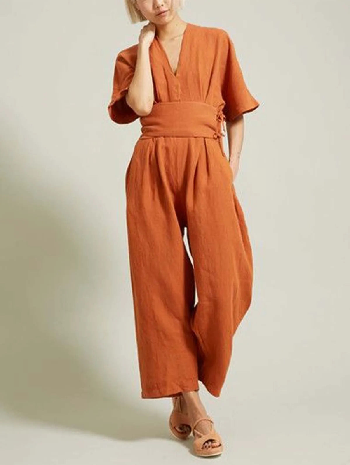 Nia | Vintage V-Neck Cotton-Linen Jumpsuit