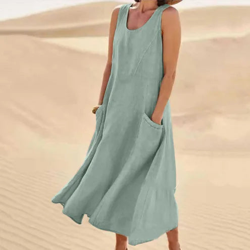 Anna | A-Line Sleeveless Midi Dress – Cotton Linen, Relaxed Fit