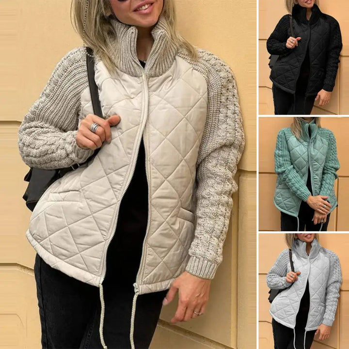 Front view of a woman wearing a beige quilted knit jacket with three smaller insets showing other colours