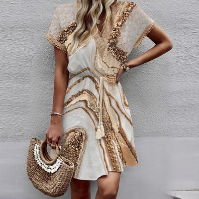 Luna | Printed Lace V-Neck Dress with Bat Sleeves & Flowing Hem