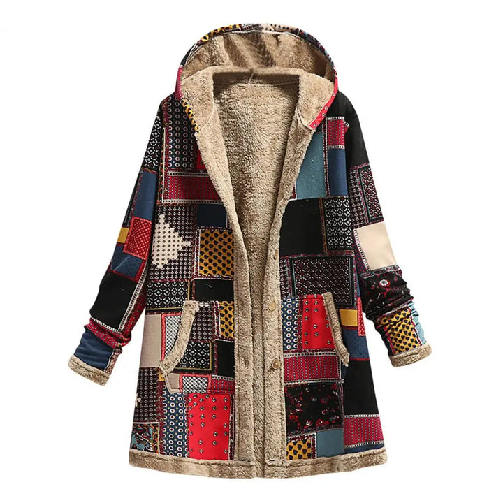 Front view of a Jade Ethnic Patchwork Hooded Winter Coat, open with a soft cream sherpa lining visible