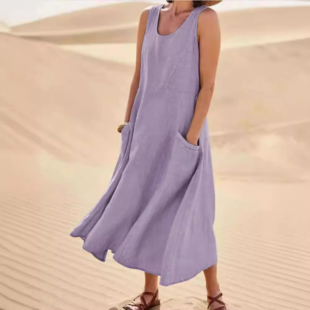 Anna | A-Line Sleeveless Midi Dress – Cotton Linen, Relaxed Fit