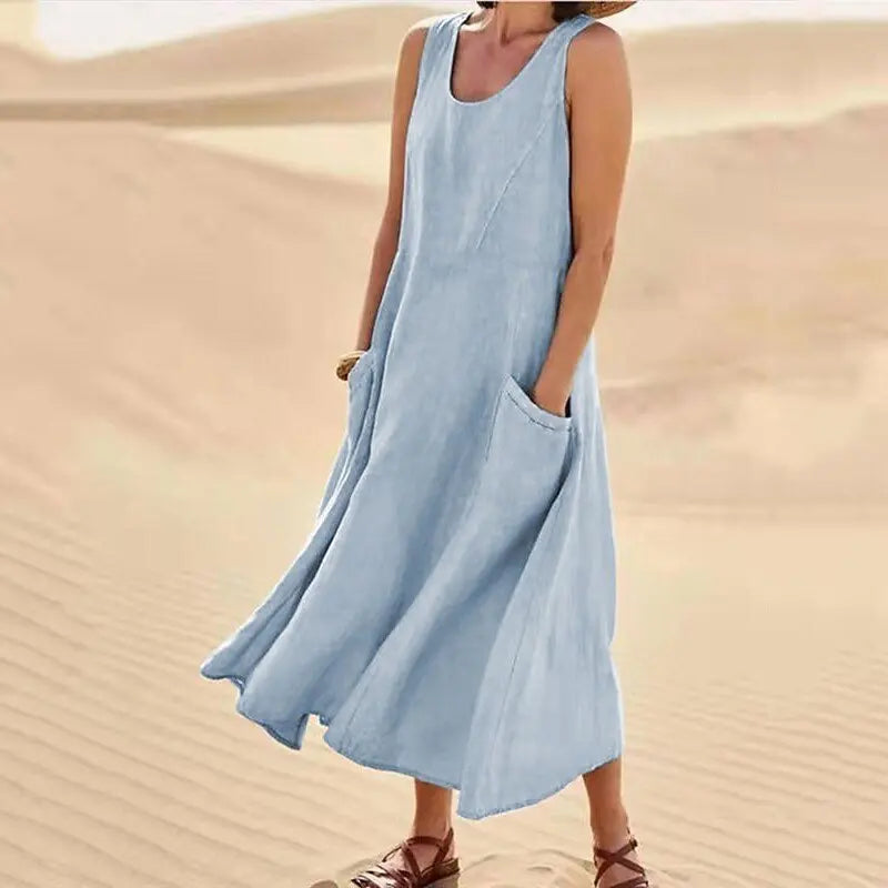 Anna | A-Line Sleeveless Midi Dress – Cotton Linen, Relaxed Fit