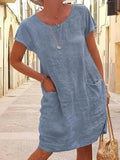Women's Loose Cotton Linen Dress – Short Sleeve Round Neck