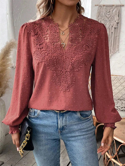 Pia | Elegant Lace Blouse – V-Neck & Long Sleeves for Work or Daywear