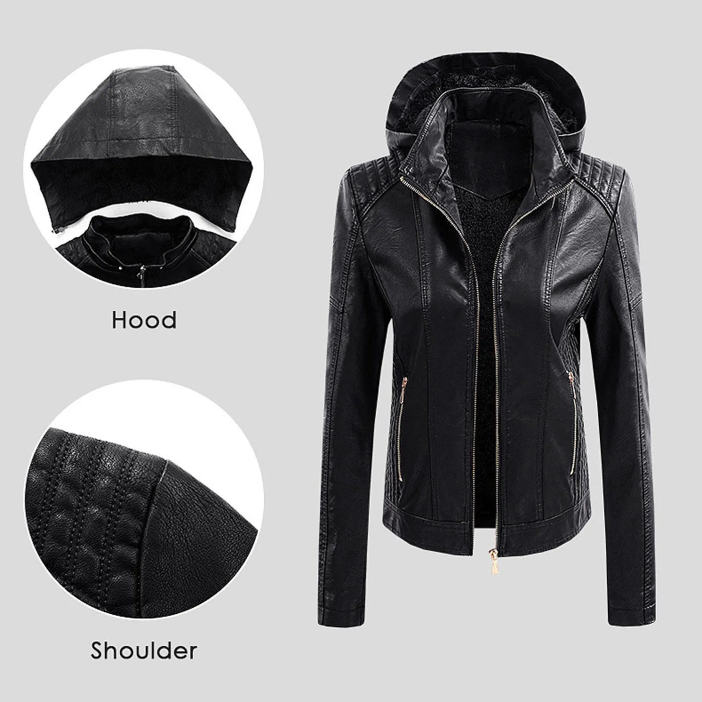 Kara | PU biker jacket with detachable hood