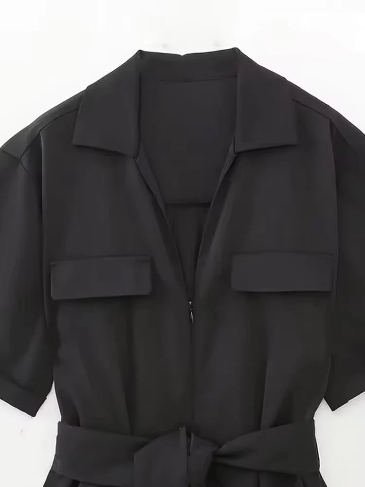 Vanessa | Belted Short-Sleeve Zipper Playsuit