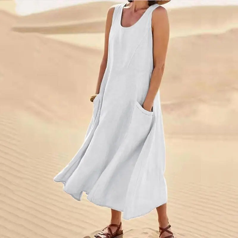 Anna | A-Line Sleeveless Midi Dress – Cotton Linen, Relaxed Fit