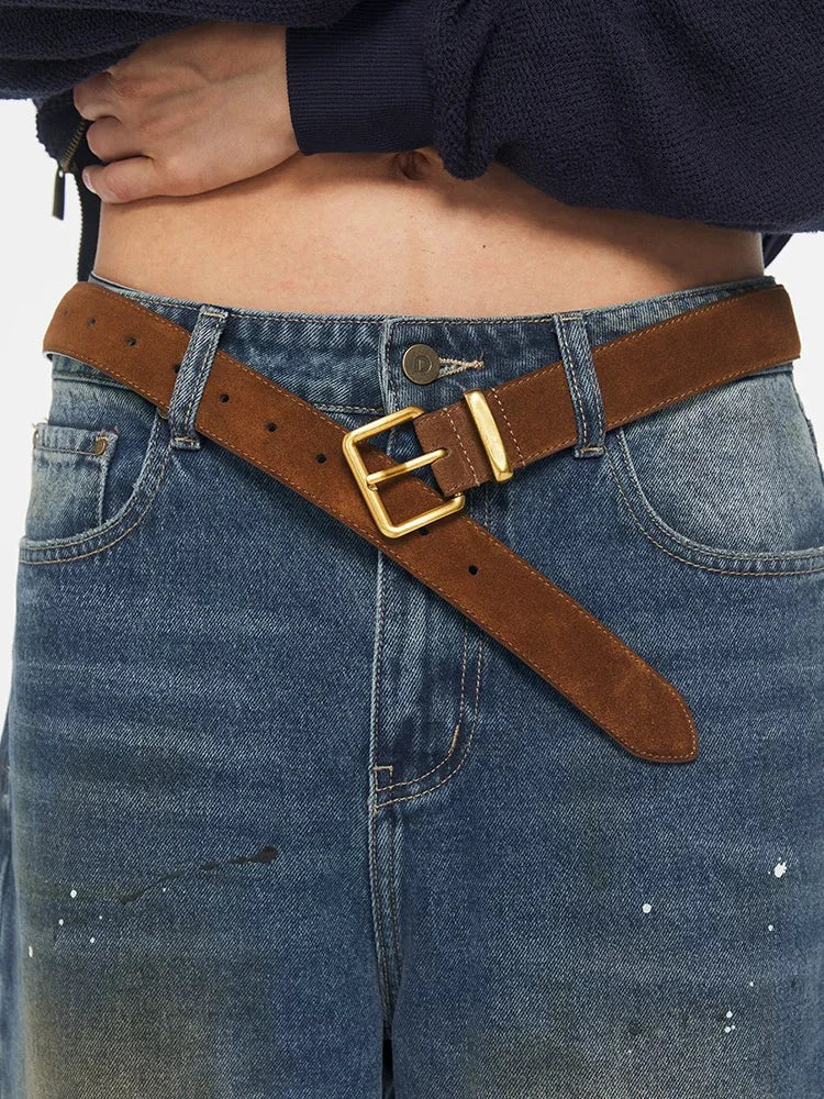Penelope | Vintage Suede Leather Belt with Gold Buckle