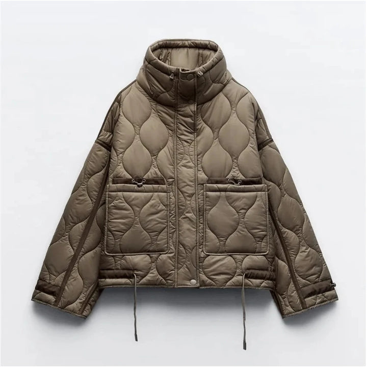 Khaki green quilted cotton jacket with a high neck and two front pockets