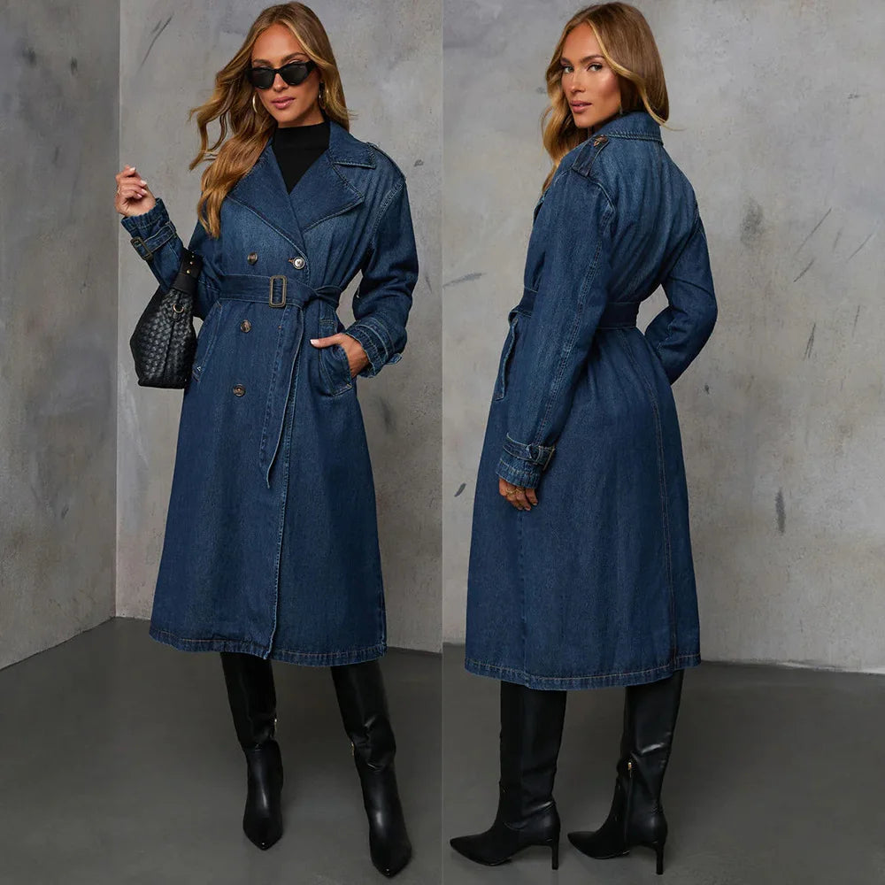 Xena | Long Double-Breasted Denim Trench Coat