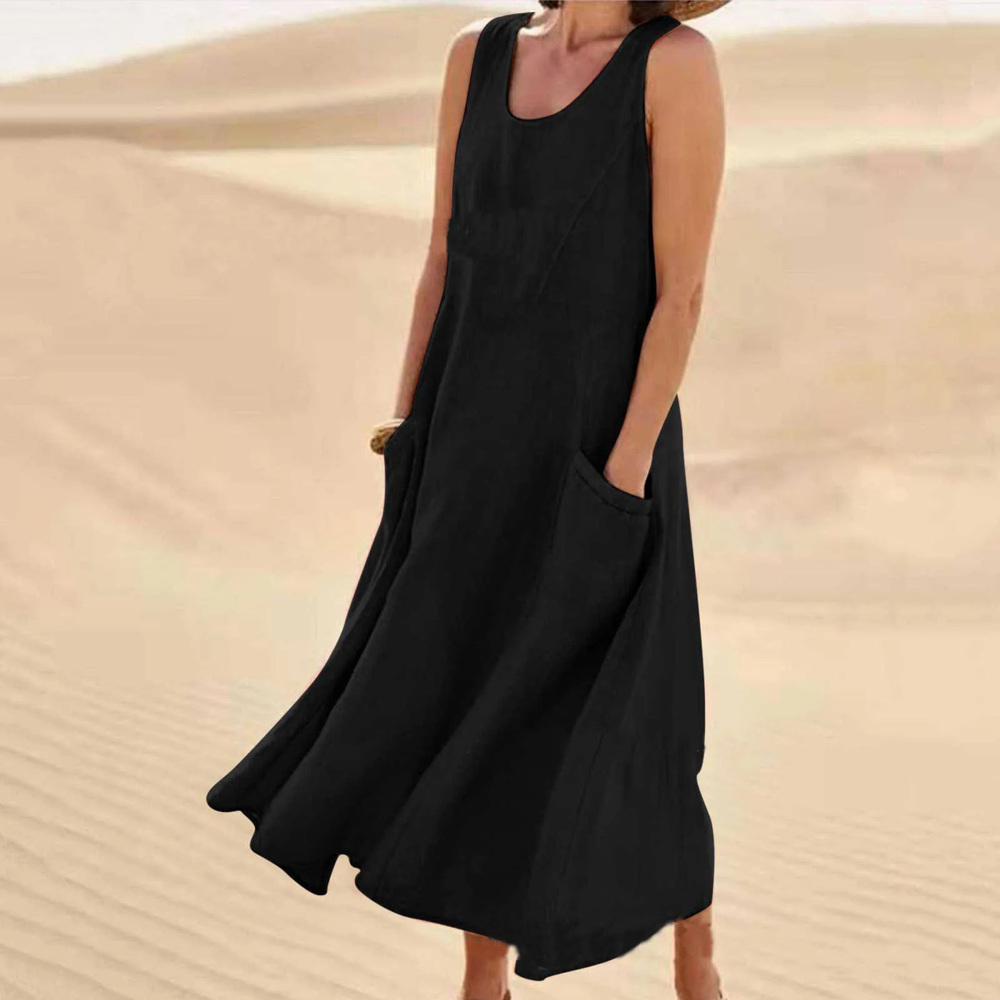 Anna | A-Line Sleeveless Midi Dress – Cotton Linen, Relaxed Fit