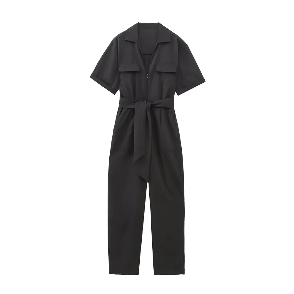 Vanessa | Belted Short-Sleeve Zipper Playsuit