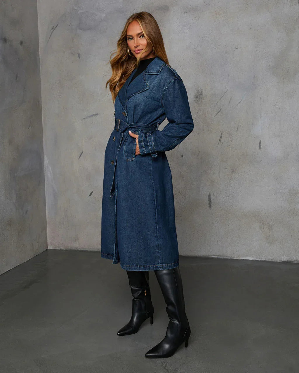 Xena | Long Double-Breasted Denim Trench Coat