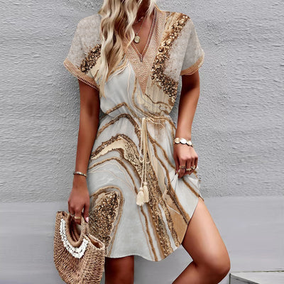 Luna | Printed Lace V-Neck Dress with Bat Sleeves & Flowing Hem