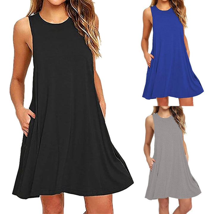 Front view of a model wearing a black casual summer beach dress, with blue and grey dresses inset