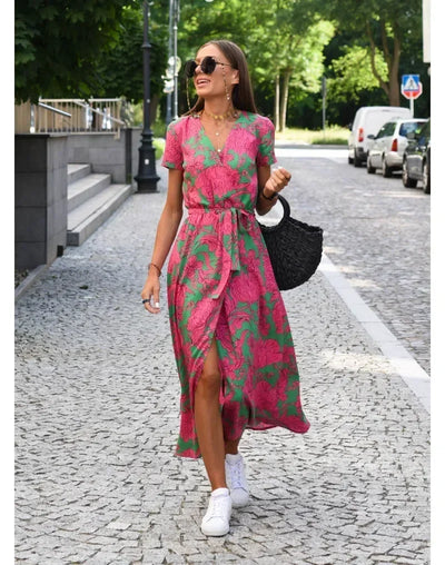 Amara™ | Floral V-Neck Midi Dress with Side Slit