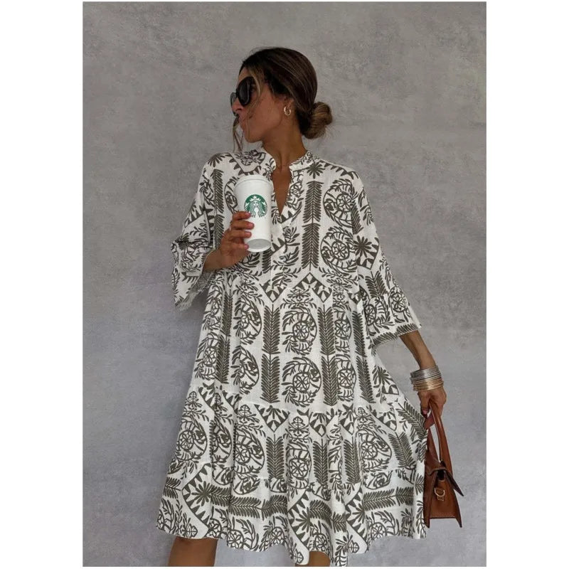 Adeline™ | Women Printed V-Neck A-Line Skirt Dress