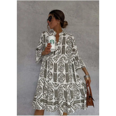 Adeline™ | Women Printed V-Neck A-Line Skirt Dress