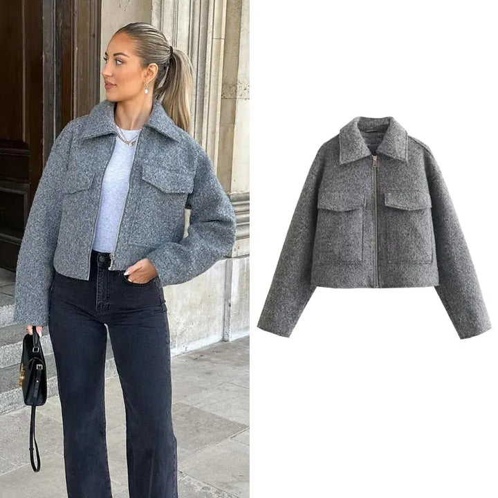 Front view of a model wearing the grey cropped tweed zip jacket next to a flat lay of the jacket