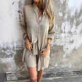 Women's Lapel Mid Length Blouse & Shorts Set – Cotton Linen