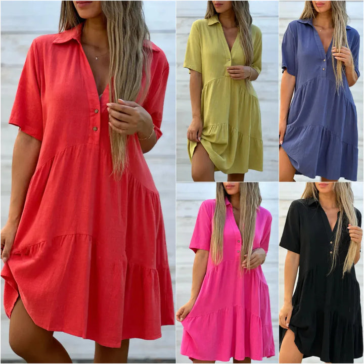 Front view of five models wearing the loose blouse mini dress in coral, lime, blue, hot pink, and black