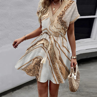 Luna | Printed Lace V-Neck Dress with Bat Sleeves & Flowing Hem