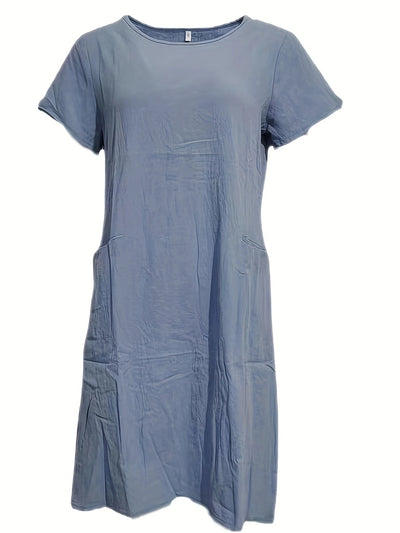 Mila | Loose Cotton Linen Dress – Short Sleeve, Round Neck