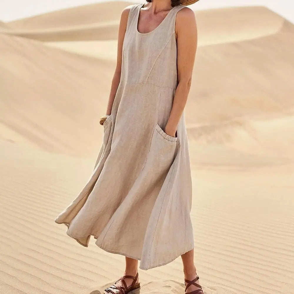 Anna | A-Line Sleeveless Midi Dress – Cotton Linen, Relaxed Fit