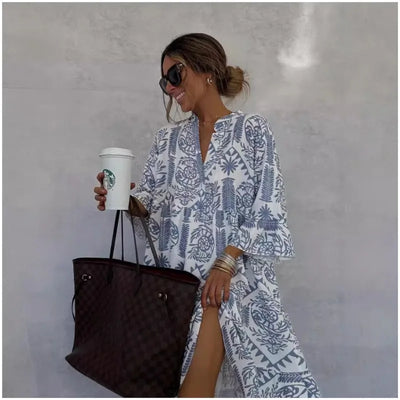 Adeline™ | Women Printed V-Neck A-Line Skirt Dress