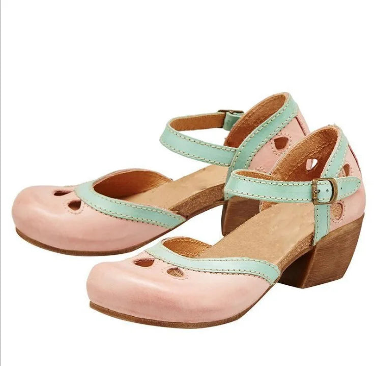 Naomi | Retro Colour-Block Sandals with Buckle & Mid Heel