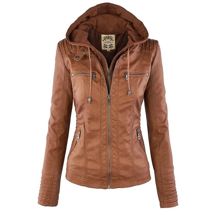 Hooded Faux Leather Jacket front view, light brown with zipped pockets and ribbed shoulder details