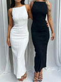 Women's Ruched Evening Dress with Split Back – Ankle Length