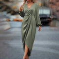 Women's Elegant V-Neck Satin Midi Dress – Draped