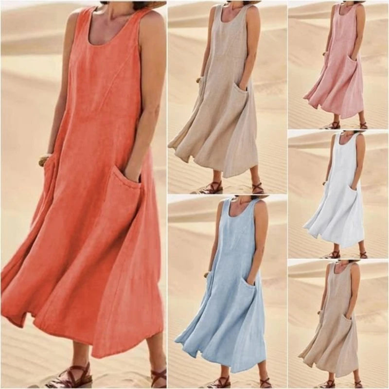 Anna | A-Line Sleeveless Midi Dress – Cotton Linen, Relaxed Fit