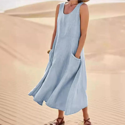 Anna | A-Line Sleeveless Midi Dress – Cotton Linen, Relaxed Fit