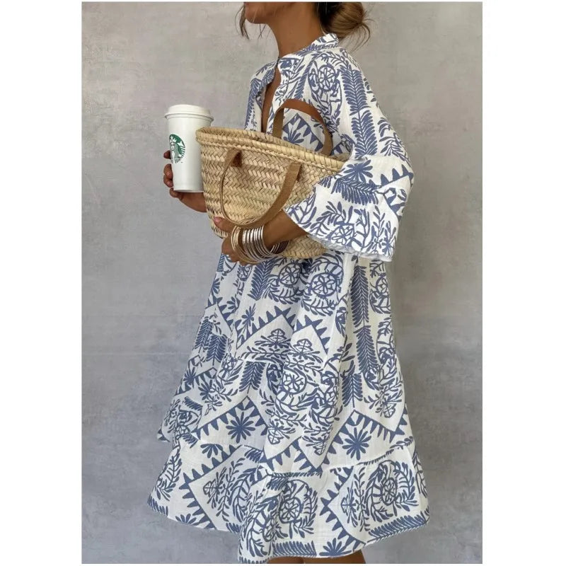 Adeline™ | Women Printed V-Neck A-Line Skirt Dress