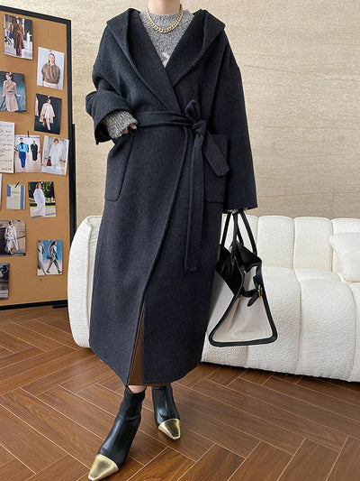 Freya | Hooded Wool-Blend Belted Coat