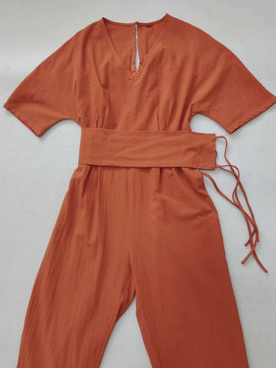 Nia | Vintage V-Neck Cotton-Linen Jumpsuit