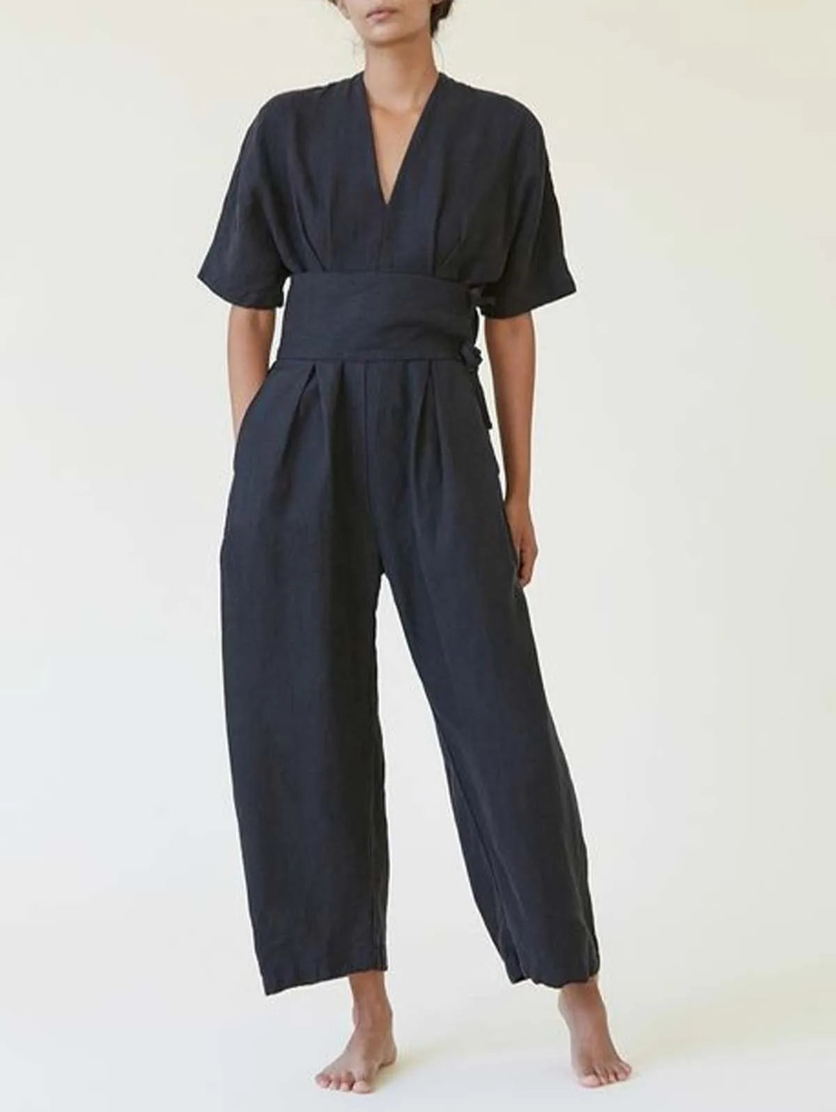 Nia | Vintage V-Neck Cotton-Linen Jumpsuit