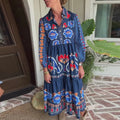 Women's Vintage Bohemian Midi Dress – Long-Sleeve Pleated