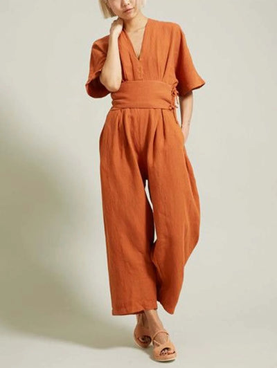 Nia | Vintage V-Neck Cotton-Linen Jumpsuit
