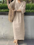 Women's Cotton Linen V-Neck Maxi Dress – Casual Summer