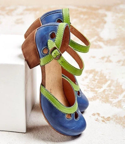 Naomi | Retro Colour-Block Sandals with Buckle & Mid Heel