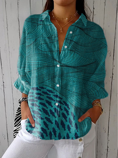 Jennifer™ | Ocean and Fish Art Print Casual Linen V-neck Shirt