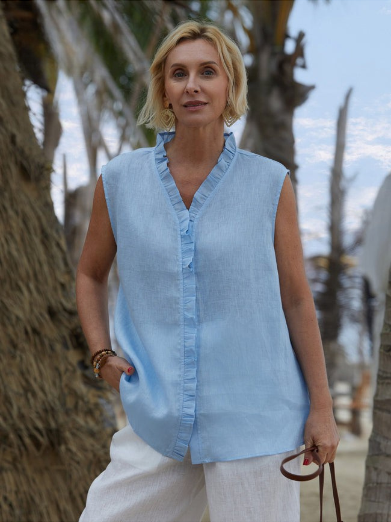 Women's™ | 100% Linen Casual Sleeveless Linen Ruffle Shirt