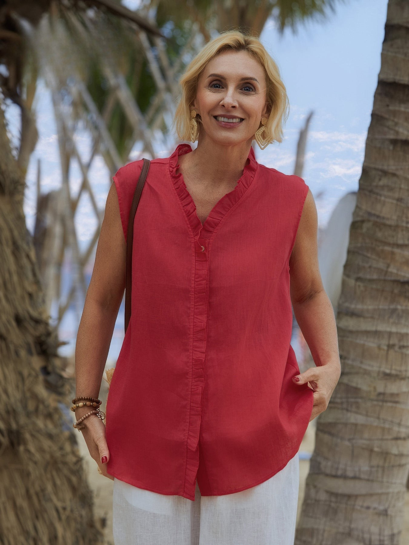 Women's™ | 100% Linen Casual Sleeveless Linen Ruffle Shirt