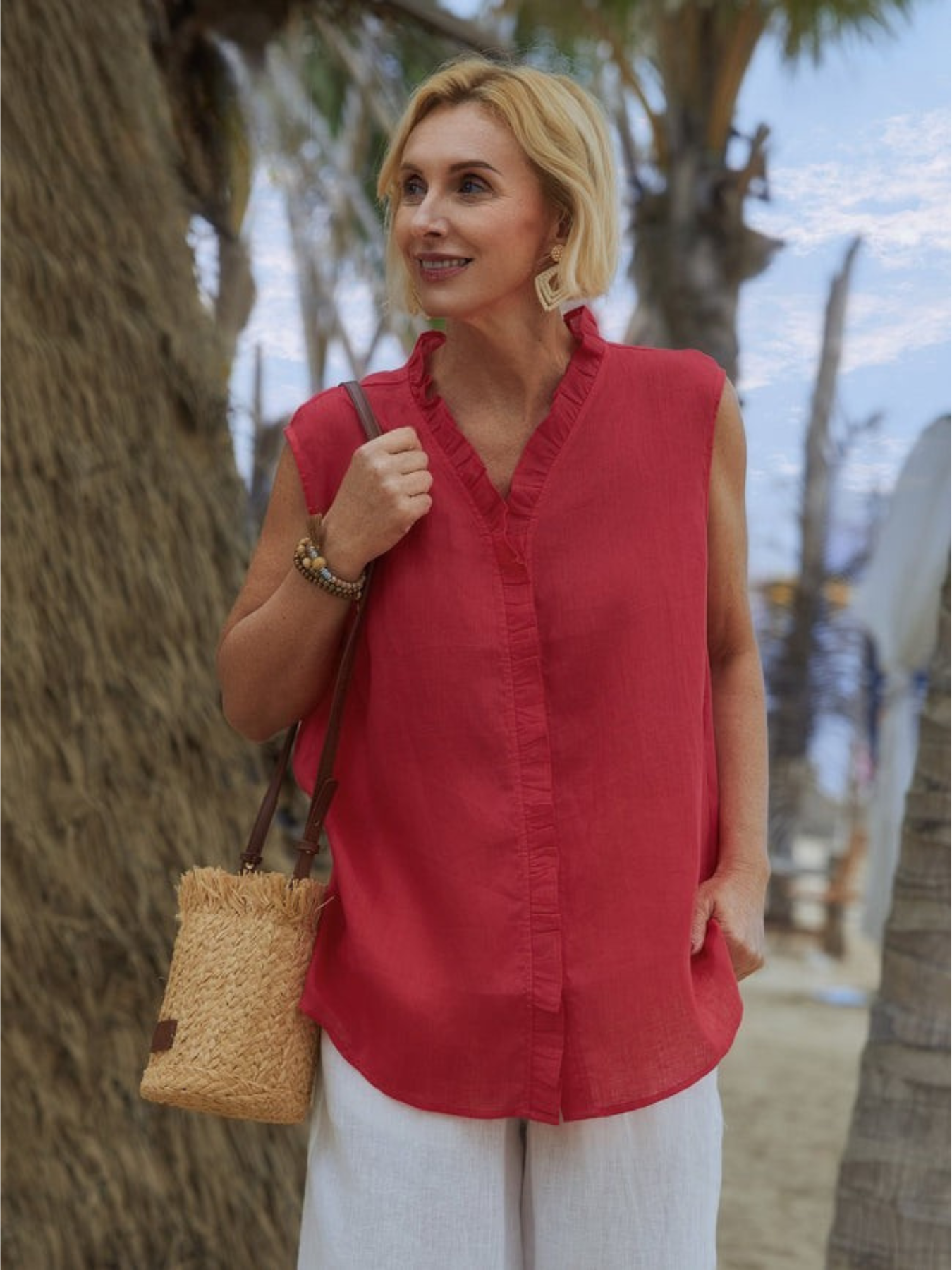 Women's™ | 100% Linen Casual Sleeveless Linen Ruffle Shirt