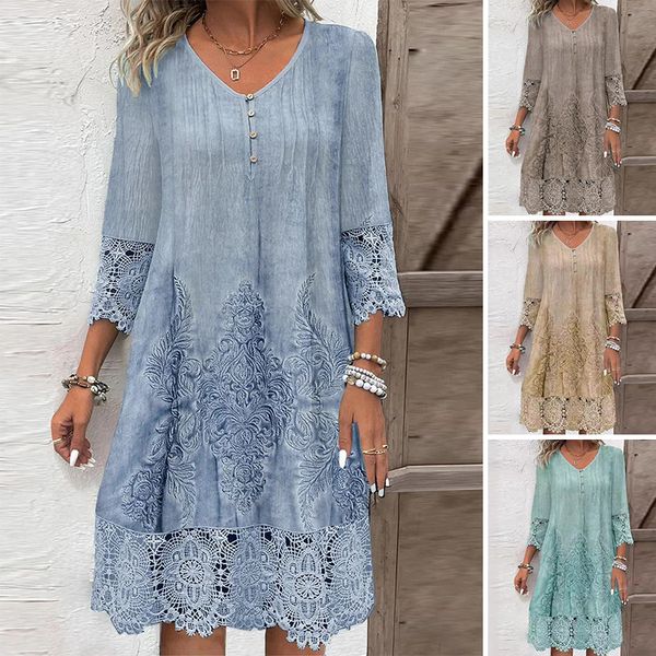 Front view of an elegant lace dress with A-line half-neckline in blue, beige, grey, and teal worn by models