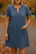 Women's Soft Denim V-Neck Dress with Pockets
